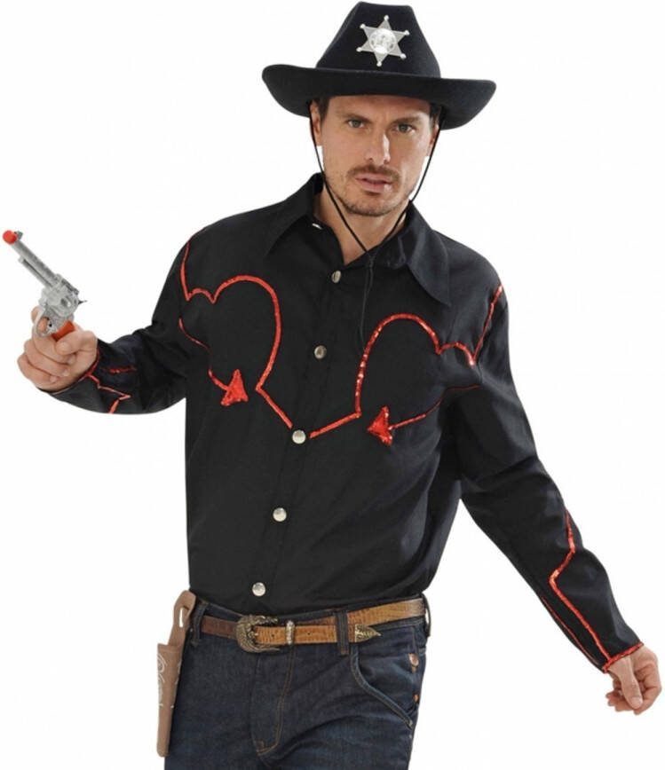 Merkloos Zwart Cowboy Shirt Met Rode Glitters Xl Carnavalsblouses