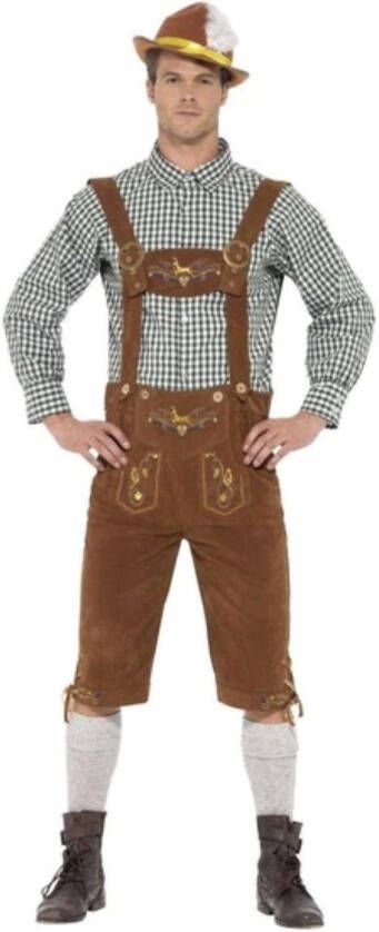 Smiffy's Oktoberfest Bruine/groene Tiroler Lederhosen Kostuum Met Blouse Voor Heren 52 54(L) Carnavalskostuums