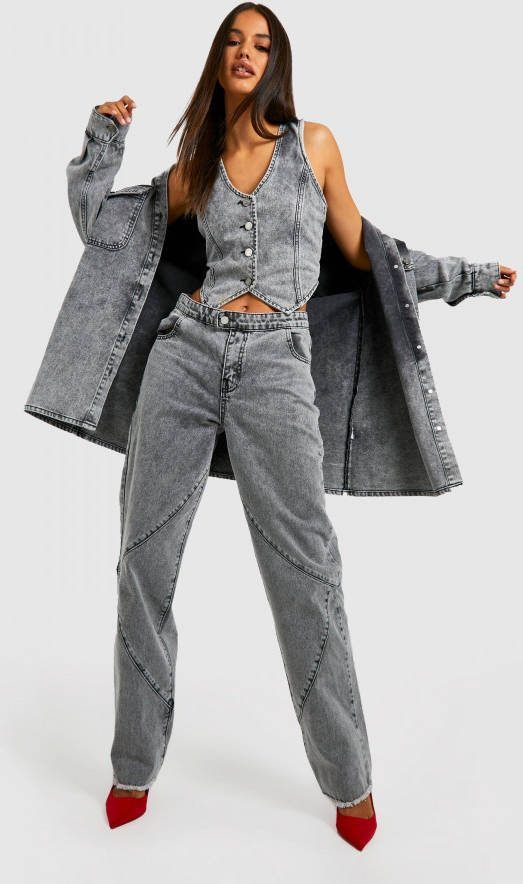 boohoo Acid Wash Gebleekte Wide Leg Jeans Met Naaddetail, Grey