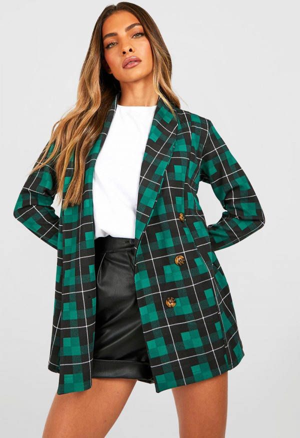 boohoo Basic Baggy Monochroom Geruite Jersey Blazer, Bottle Green