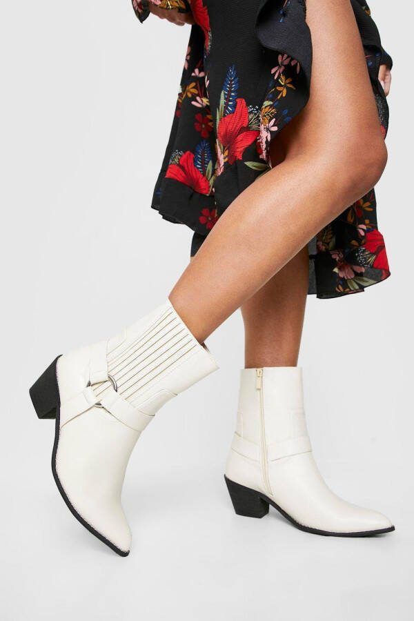 boohoo Brede Cowboy Enkellaarsjes Met Harnas Detail, Stone