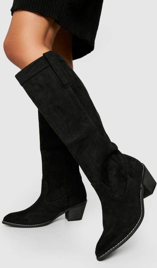 boohoo Brede Kniehoge Pull On Cowboylaarzen, Black