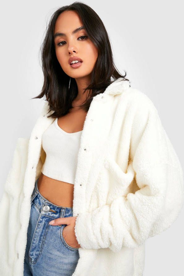 boohoo Faux Fur Long Line Teddy Tussenjas, Ivory