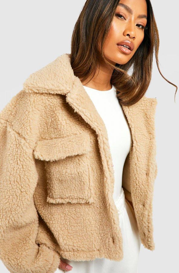 boohoo Faux Fur Teddy Trucker Jas, Stone