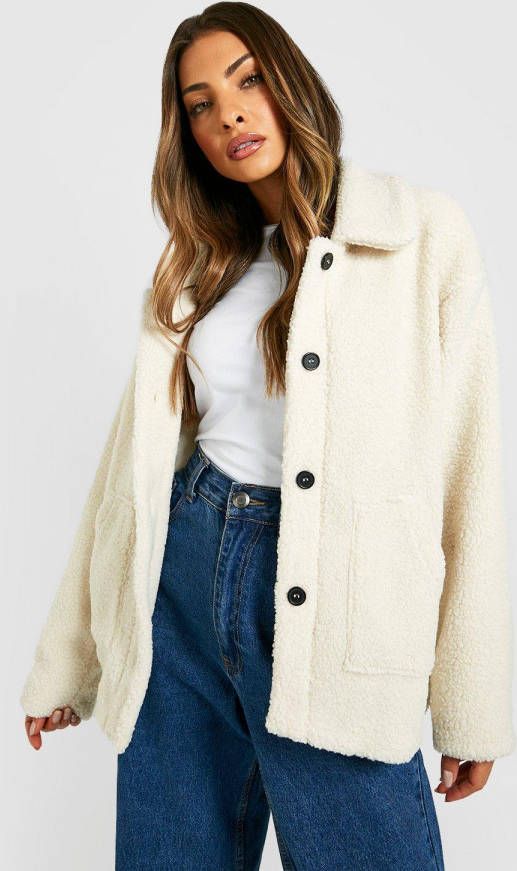 boohoo Faux Fur Teddy Trucker Jas, Stone
