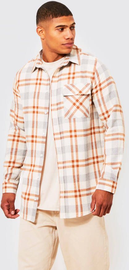 boohoo Flanellen Geruit Long Line Overhemd Met Lange Mouwen, Ecru