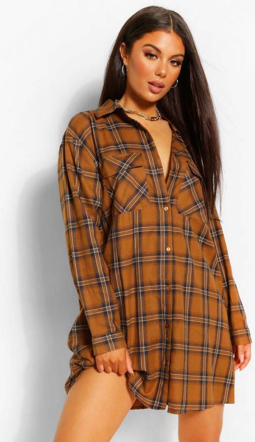 boohoo Geruite Print Blouse Jurk, Orange
