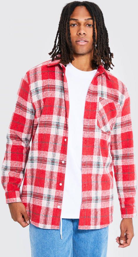 boohoo Geborstelde Geruite Long Line Overhemd Met Ronde Zoom, Red