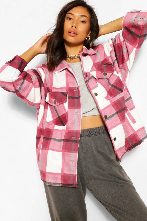 boohoo Monochrome Geruite Trucker Jas, Bordeauxrood