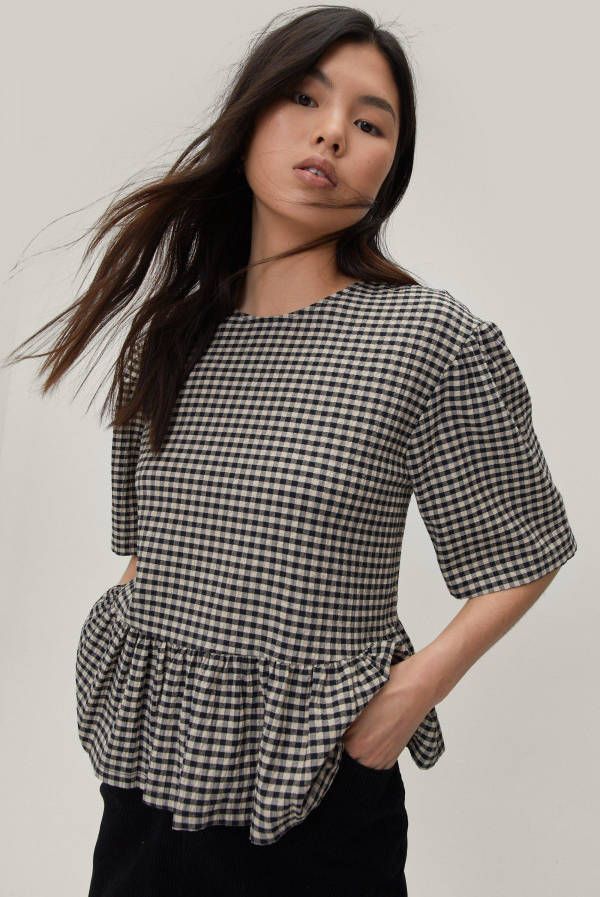 boohoo Geruite Gesmokte Top Met Rug Strik, Beige