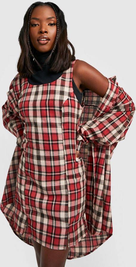 boohoo Geruite Jurk En Blouse Set, Red