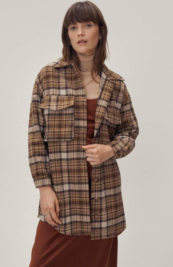 boohoo Geruite Long Line Jas, Tan