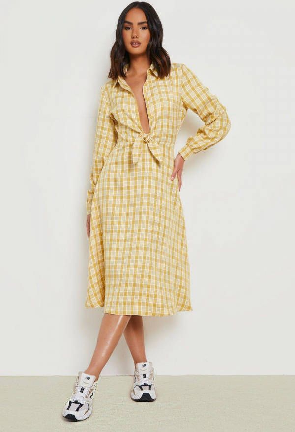 boohoo Geruite Midi Blouse Jurk Met Strik, Mustard