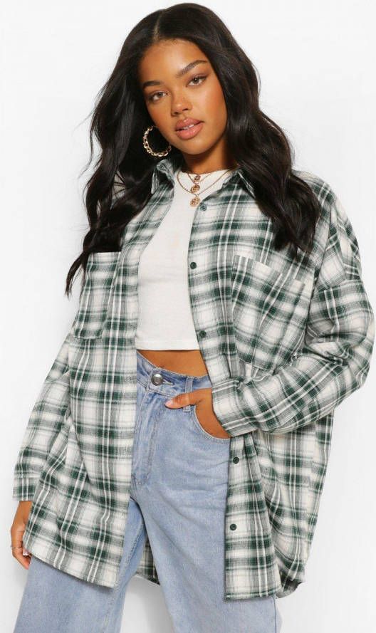 boohoo Oversized Geruite Blouse, Forest