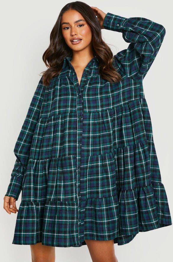 boohoo Geruite Oversized Blouse Jurk Met Geplooide Zoom, Khaki