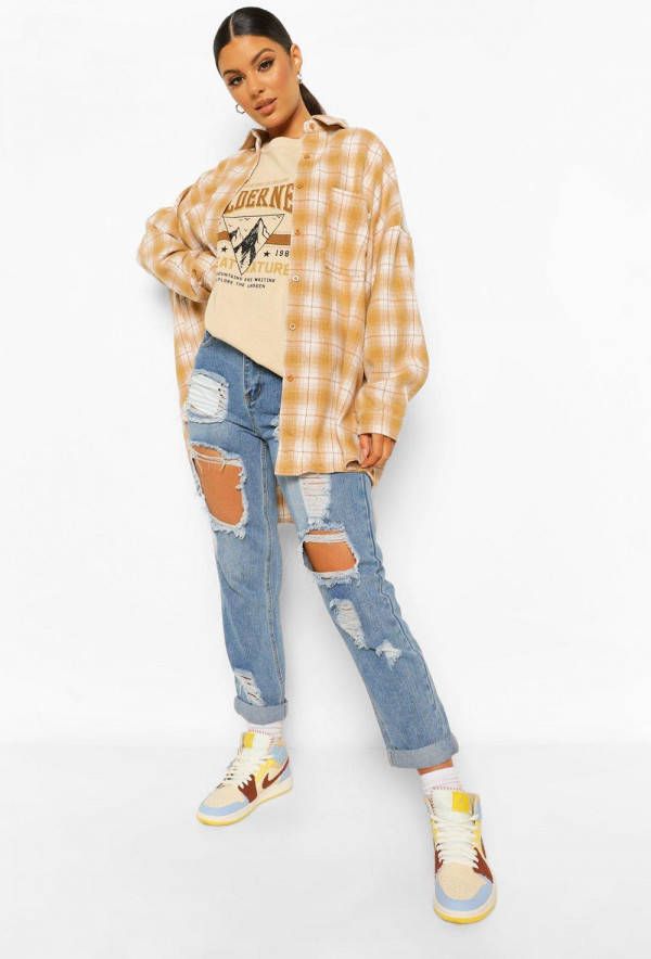 boohoo Geruite Oversized Blouse, Stone