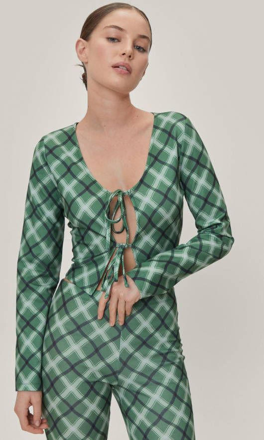 boohoo Geruite Ponte Crop Top Met Print En Strik, Green