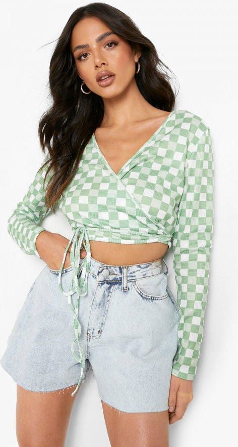 boohoo Geruite Wikkeltop, Green