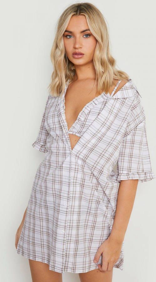 boohoo Katoenen Geruite Pyjama Blouse En Bralette, Camel