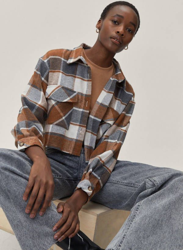 boohoo Korte Geruite Blouse Met Zakken, Grey