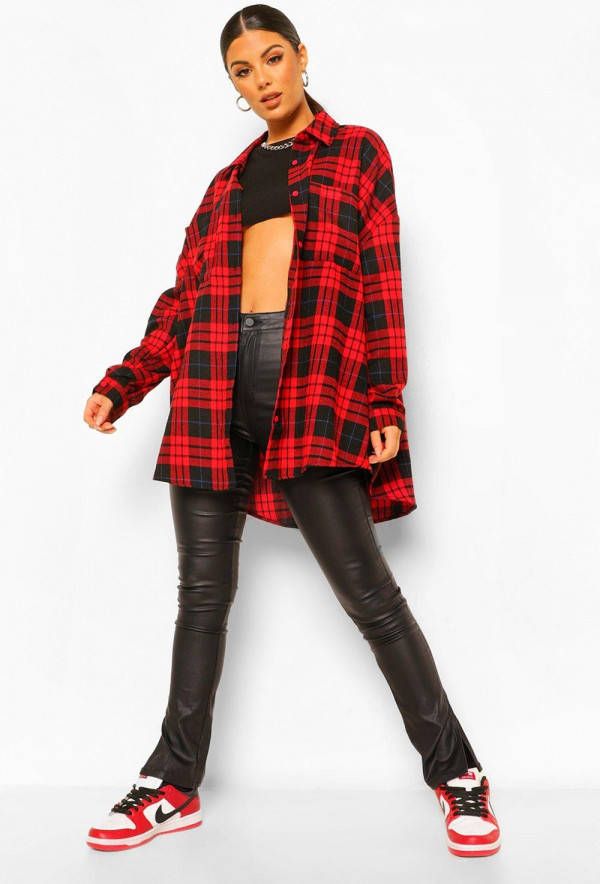 boohoo Geruite Oversized Blouse, Red