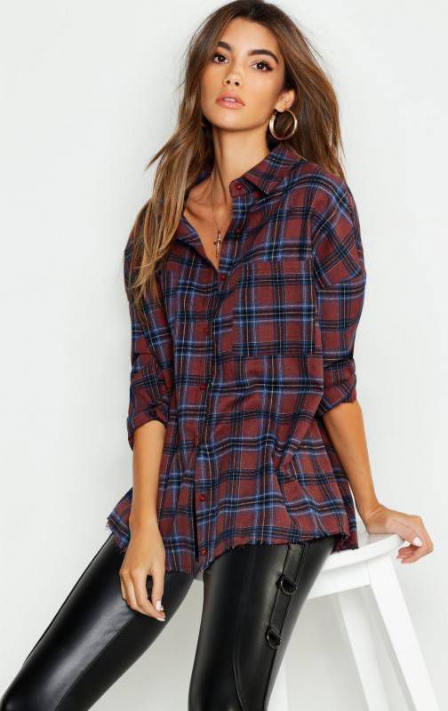 boohoo Oversized Geruite Gerafelde Blouse, Brown