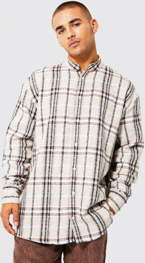 boohoo Oversized Geborsteld Geruit Overhemd Met Opa Kraag, Beige