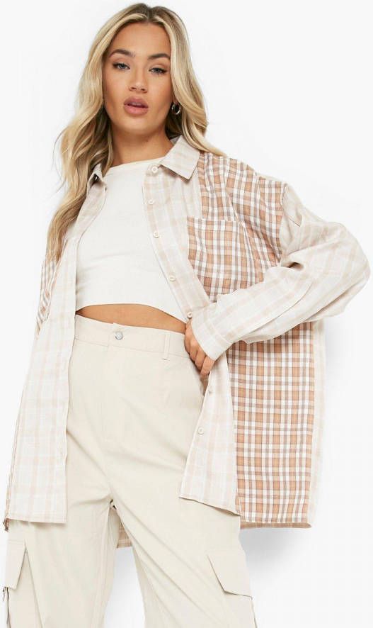boohoo Oversized Geruite Blouse, Stone