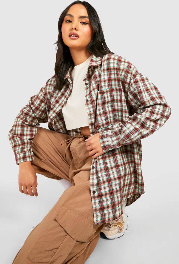 boohoo Oversized Geruite Blouse, Brown