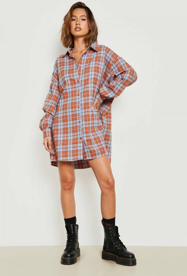 boohoo Oversized Geruite Blouse Jurk, Orange