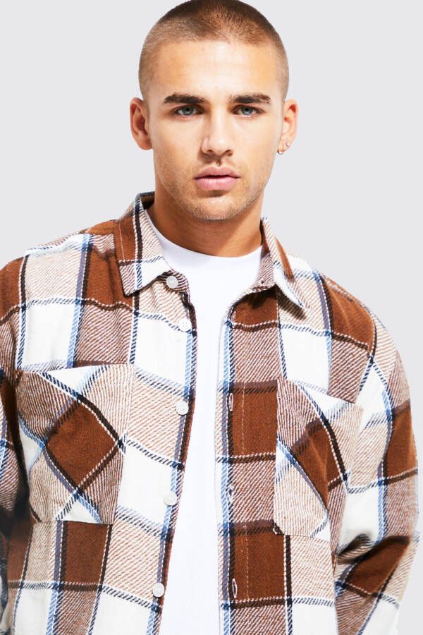 boohoo Oversized Geruite Blouse, Tan