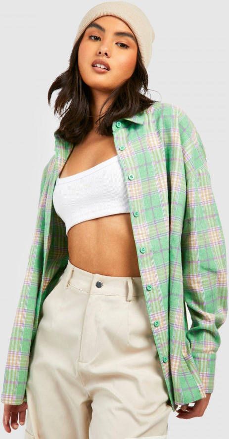boohoo Oversized Geruite Gekleurde Blouse, Lime