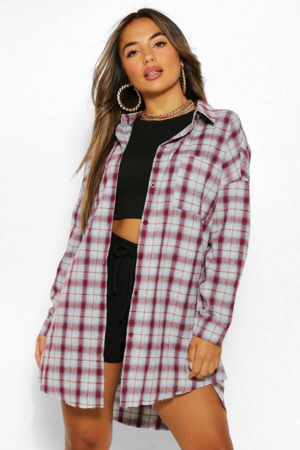 boohoo Petite Garefelde Geruite Oversized Blouse, Bordeauxrood