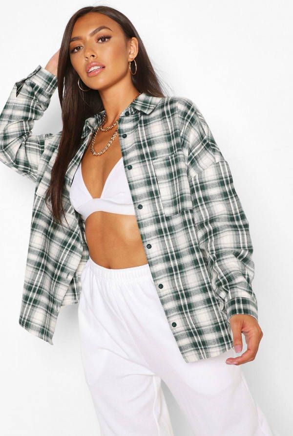 boohoo Petite Geruite Oversized Blouse, Donkergroen