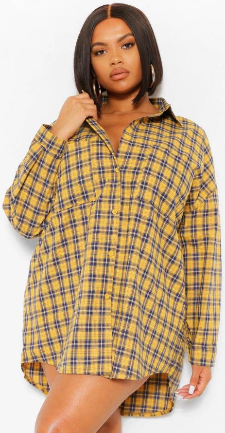 boohoo Plus Geruite Oversized Boyfriend Blouse Jurk, Mosterd