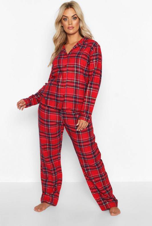boohoo Plus Geborstelde Geruite Blouse En Broek Kerst Pyjama Set, Rood