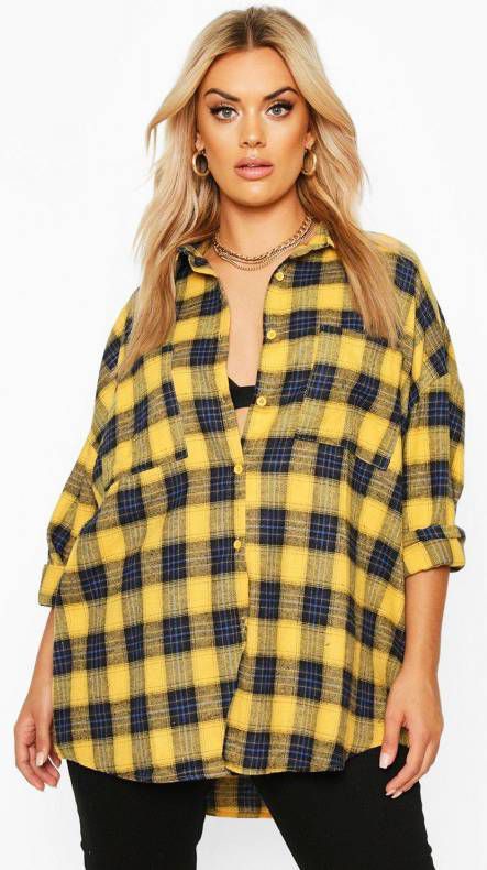 boohoo Plus Geborstelde Geruite Oversized Boyfriend Blouse, Mosterd