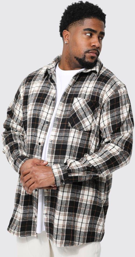 boohoo Plus Geborsteld Geruit Ecru Long Line Overhemd, Ecru