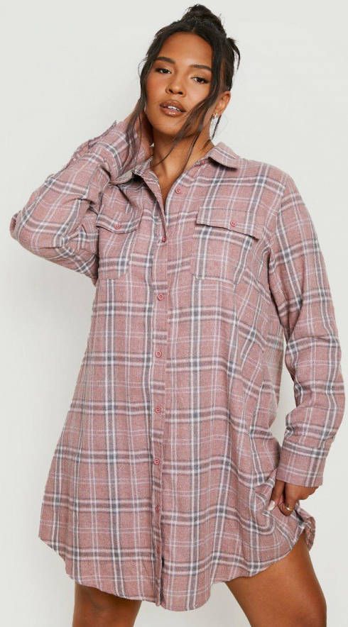 boohoo Plus Geborstelde Geruite Blouse Jurk, Brown