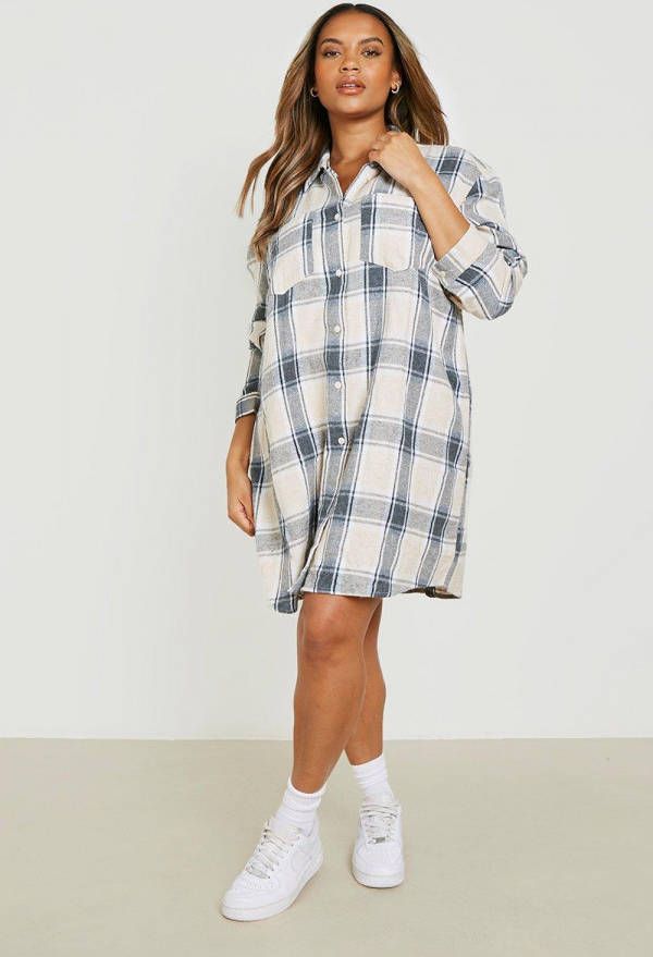 boohoo Plus Geborstelde Geruite Blouse Jurk, Cream