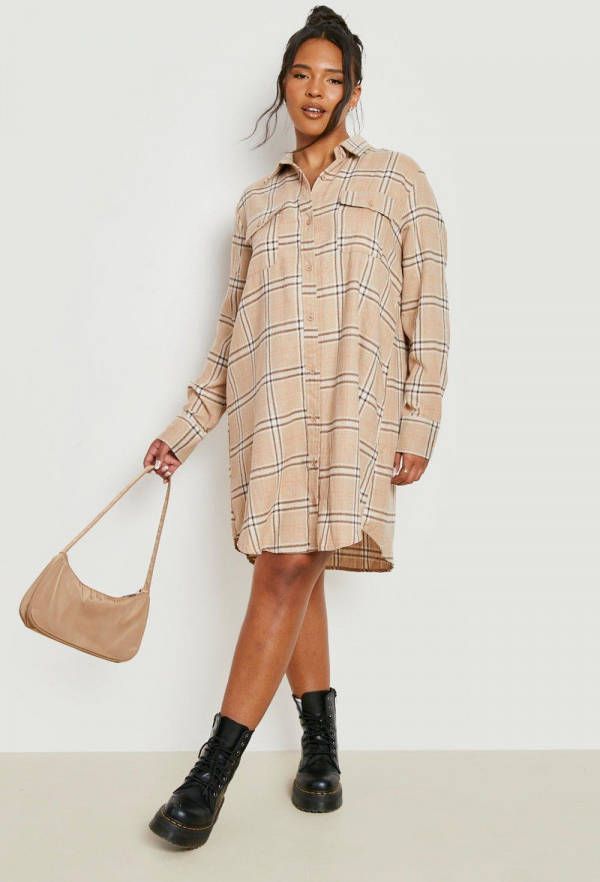 boohoo Plus Geborstelde Geruite Blouse Jurk, Ecru