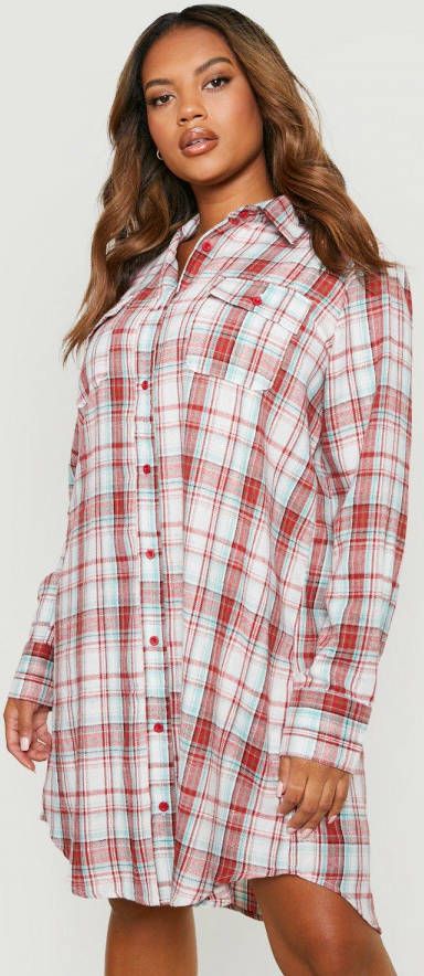 boohoo Plus Geborstelde Geruite Blouse Jurk, Red