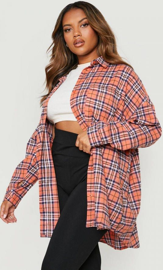 boohoo Plus Geborstelde Geruite Oversized Boyfriend Blouse, Orange