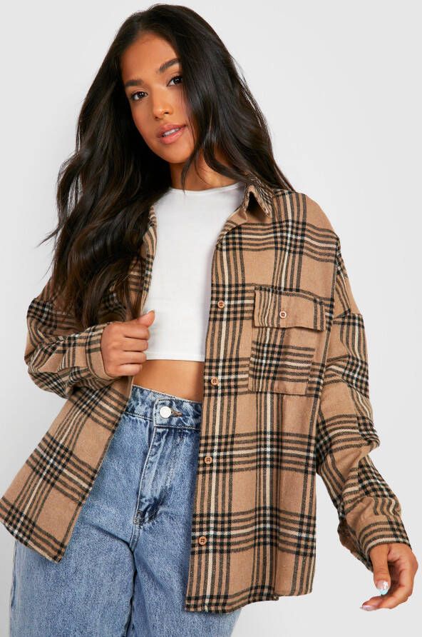 boohoo Plus Geruite Oversized Blouse Jurk, Beige