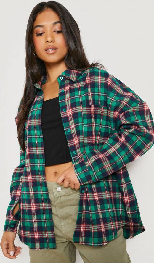 boohoo Plus Geruite Oversized Blouse Jurk, Green