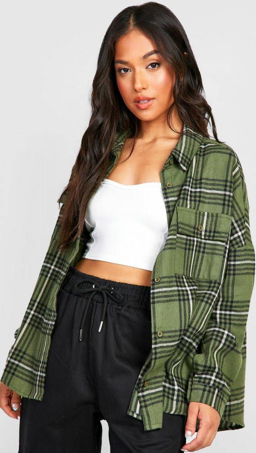 boohoo Plus Geruite Oversized Blouse Jurk, Green
