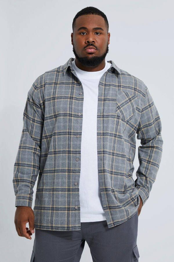 boohoo Plus Grijs Geruit Long Line Overhemd Met Lange Mouwen, Grey