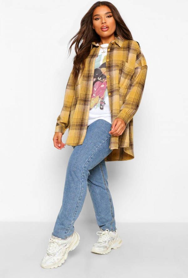 boohoo Plus Geruite Oversized Boyfriend Blouse, Mustard