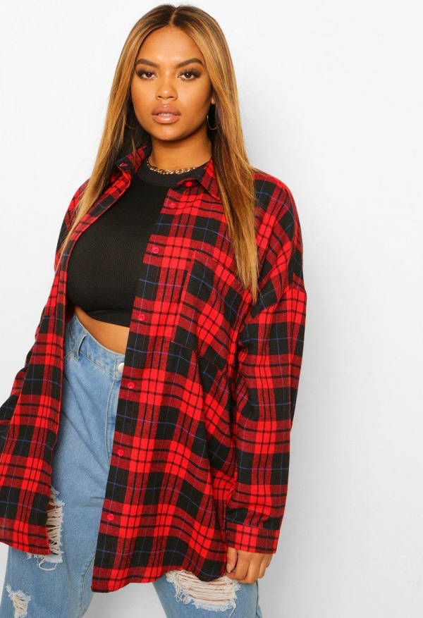boohoo Plus Geruite Oversized Boyfriend Blouse, Red