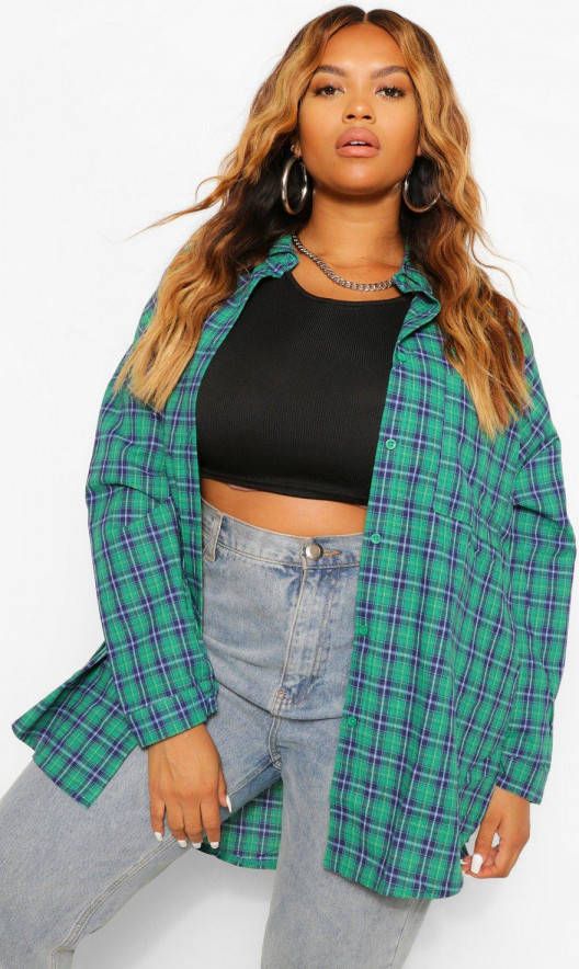 boohoo Plus Oversized Geruite Geborstelde Blouse, Groen